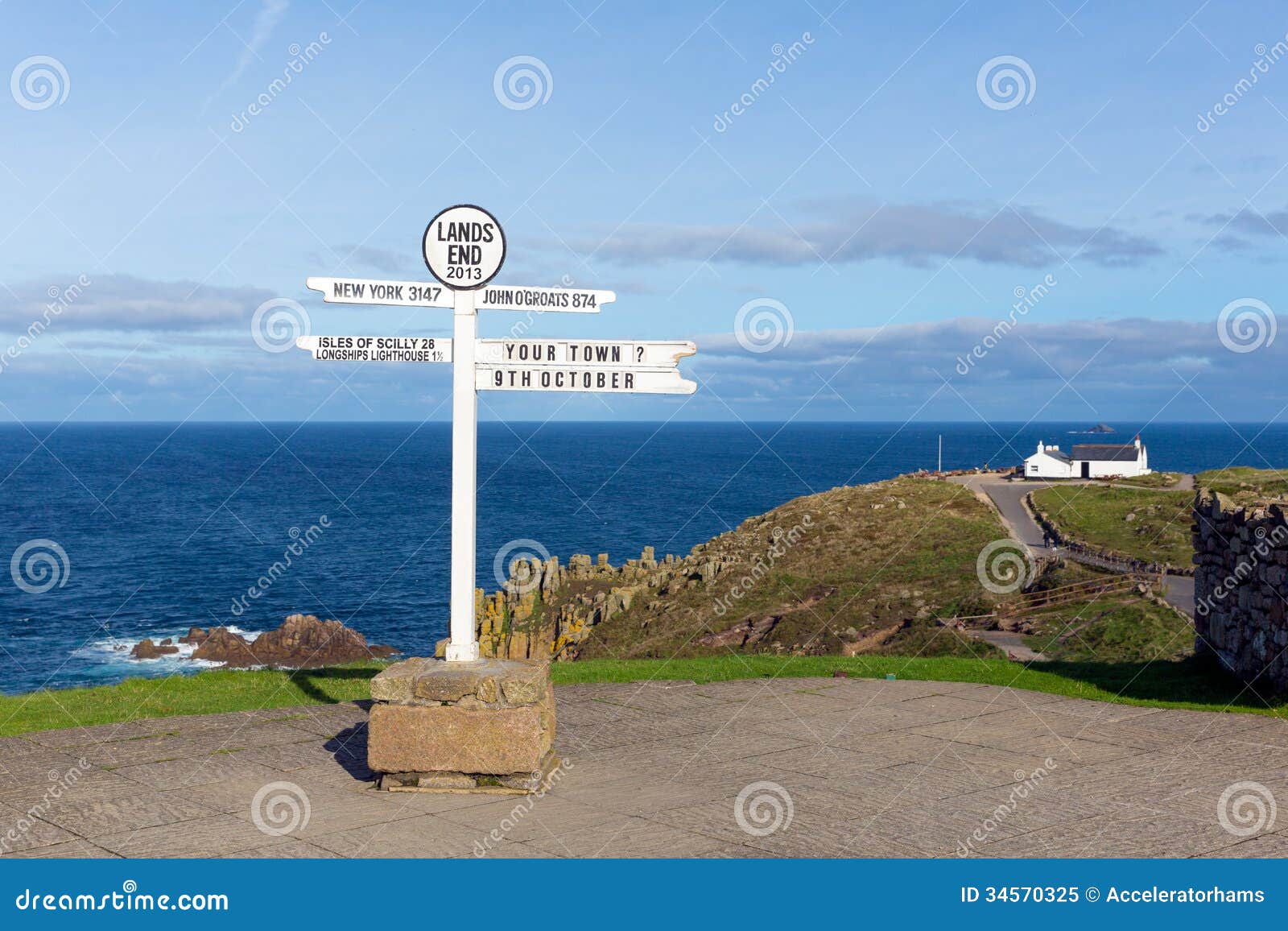 lands end cornwall england uk signpost blue sea and sky