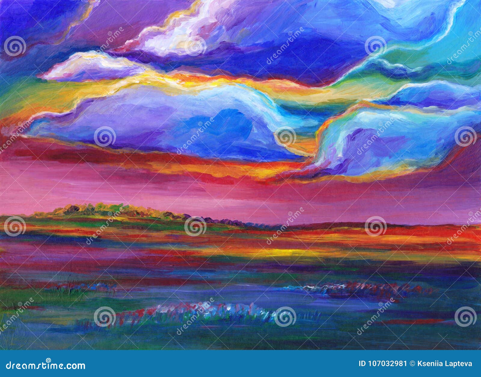 Big Clouds Bright Sunset Landscape Stock Illustration Illustration Of Acrylic Sunset