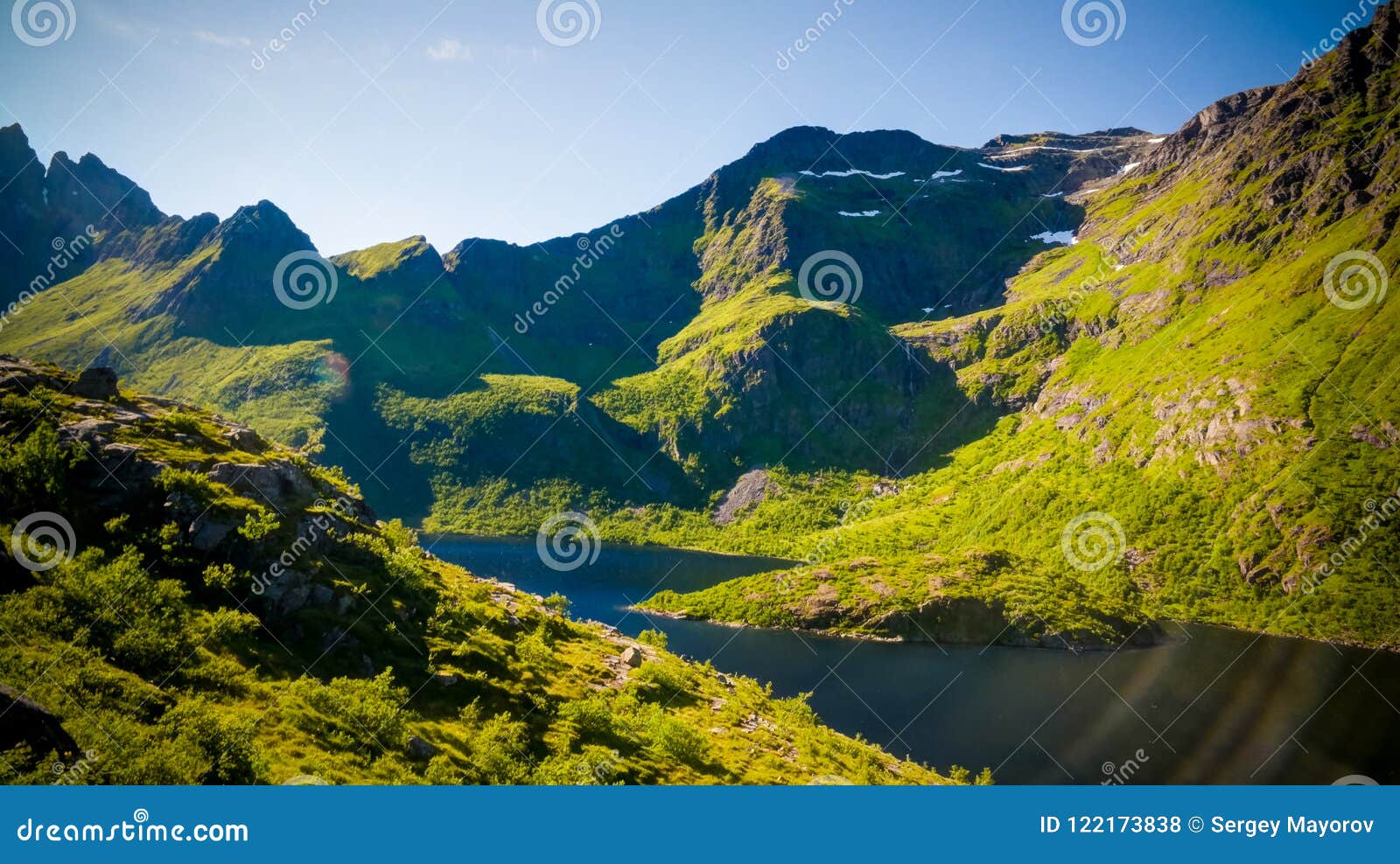 landscape with agvatnet lake near a village, moskenesoya, lofoten, norway