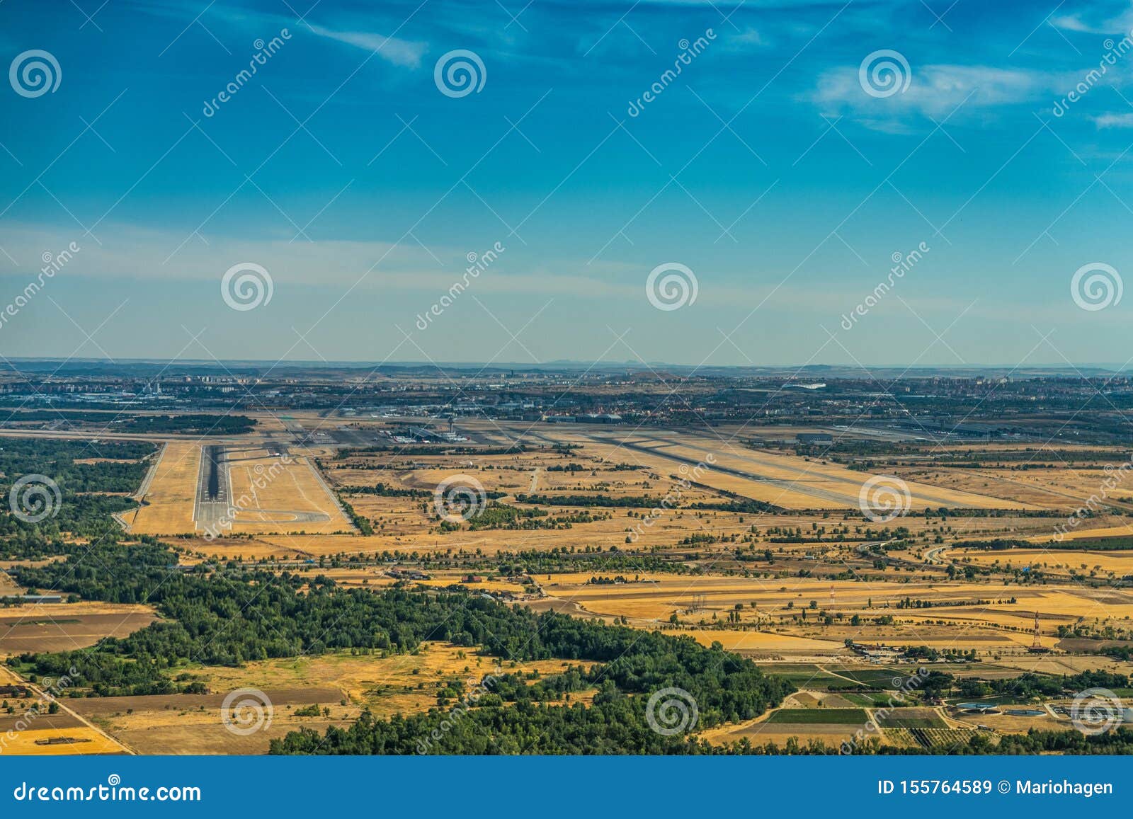 landscape around madrid barajas  international airport, spain, pilots view during approach - aerial view