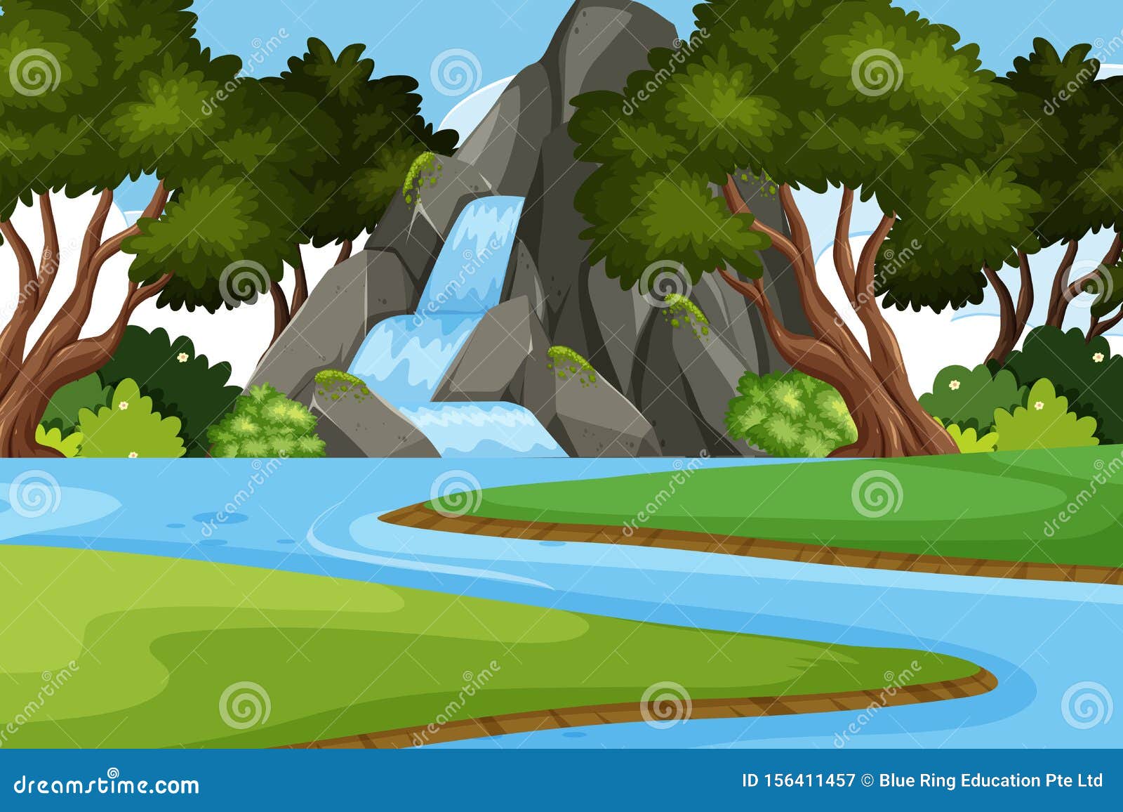 Landscape Background Design with Waterfall in Forest Stock Vector