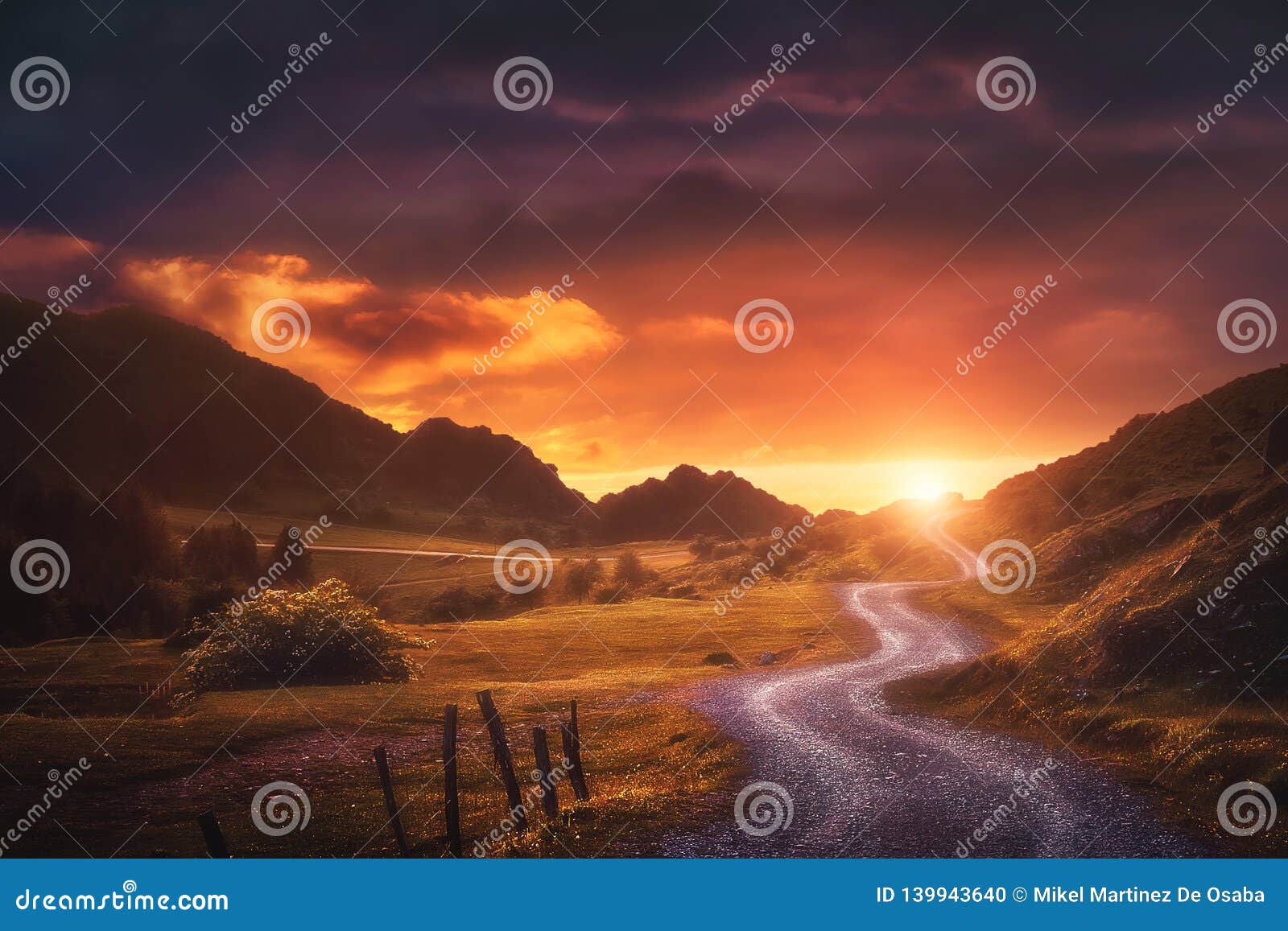landscape background with path in urkiola at sunset