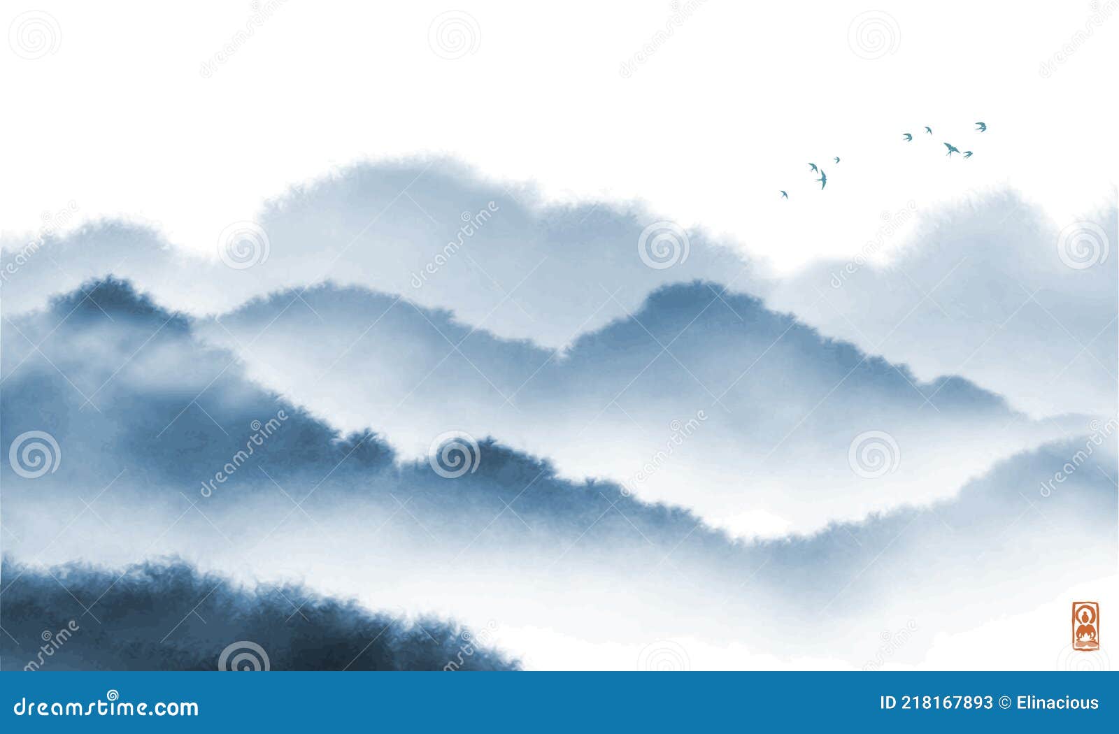landscape with blue misty forest mountains. traditional oriental ink painting sumi-e, u-sin, go-hua.