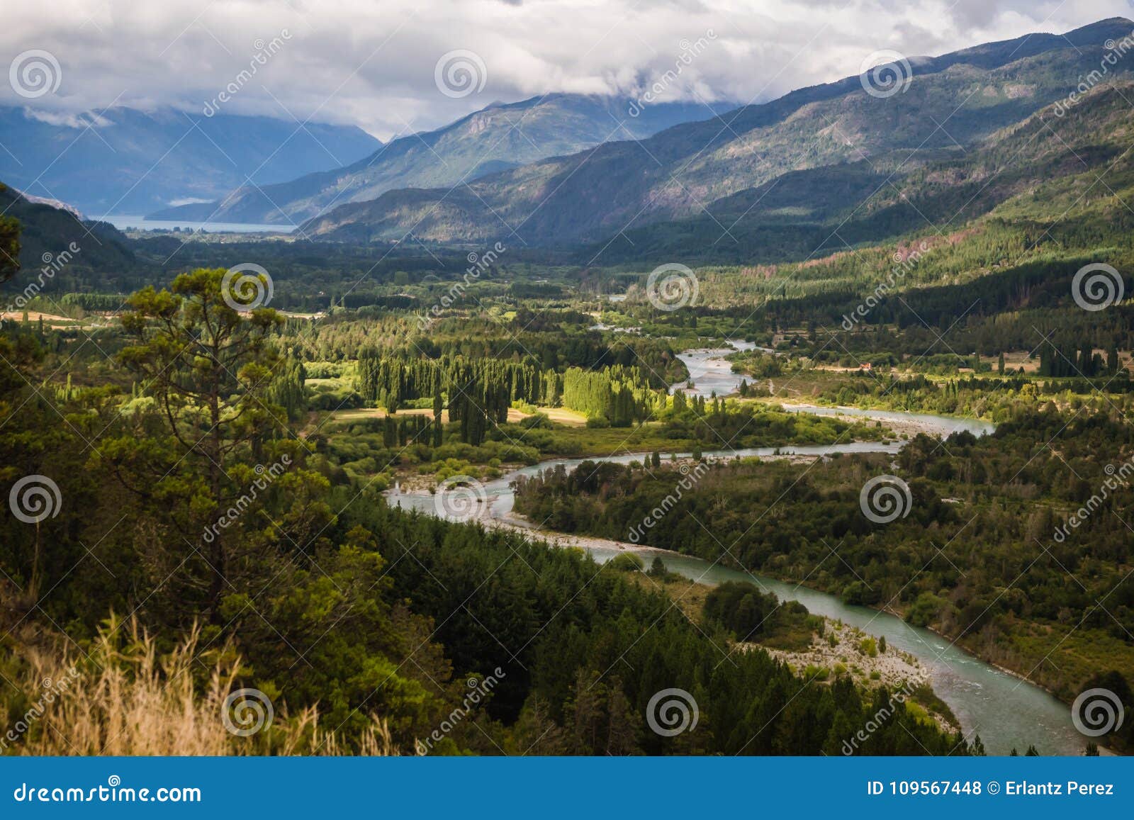 landscape of blue river, valley and forest in el bolson