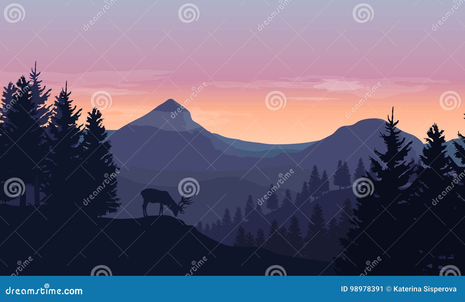 landscape with blue silhouettes of mountains, hills and trees, w