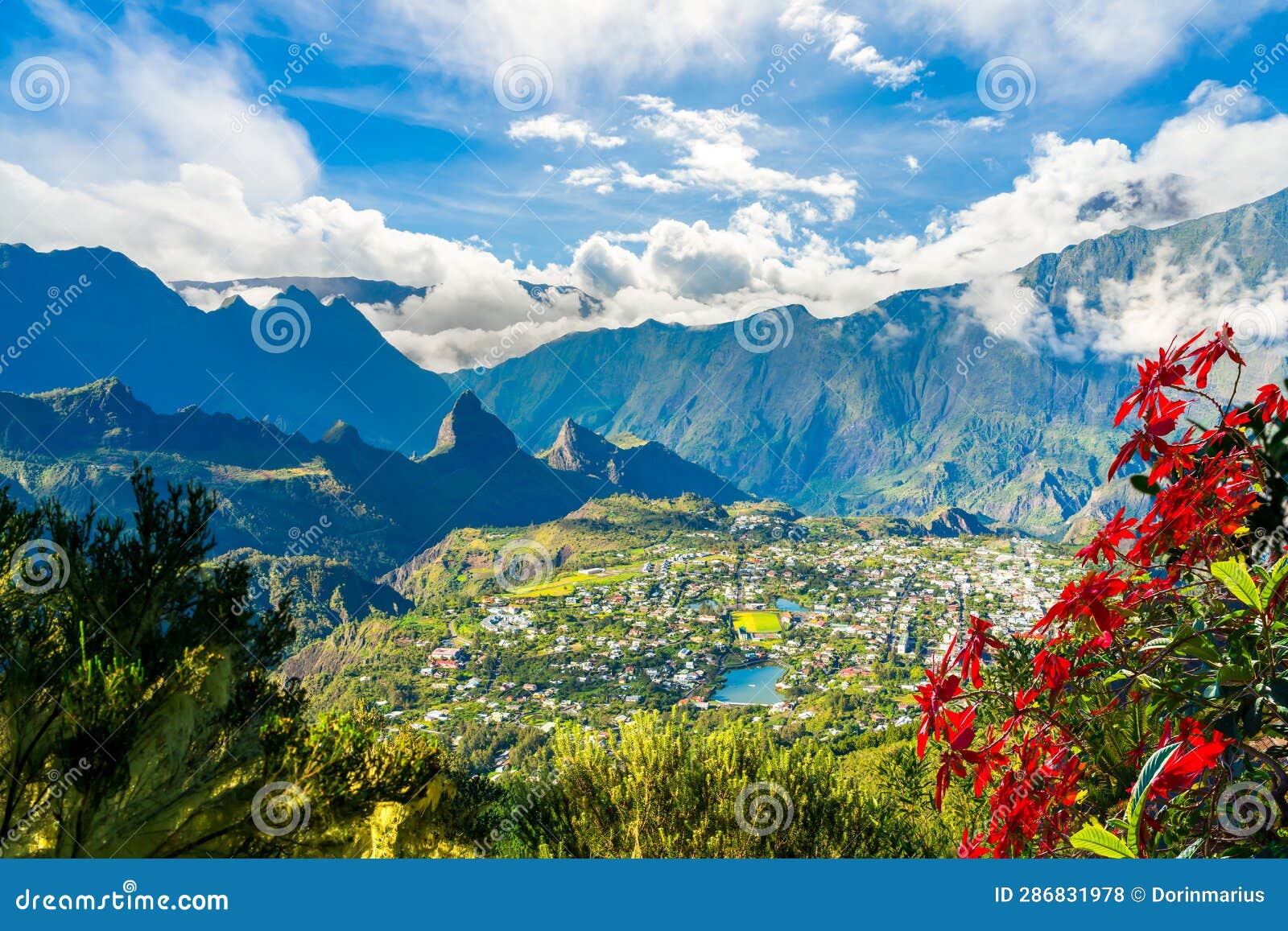 landscape with cilaos village in cirque de cilaos, la reunion island