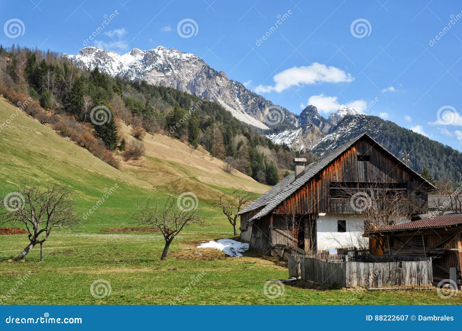 landscape of dolomites mountains in summer with a farm and meadows