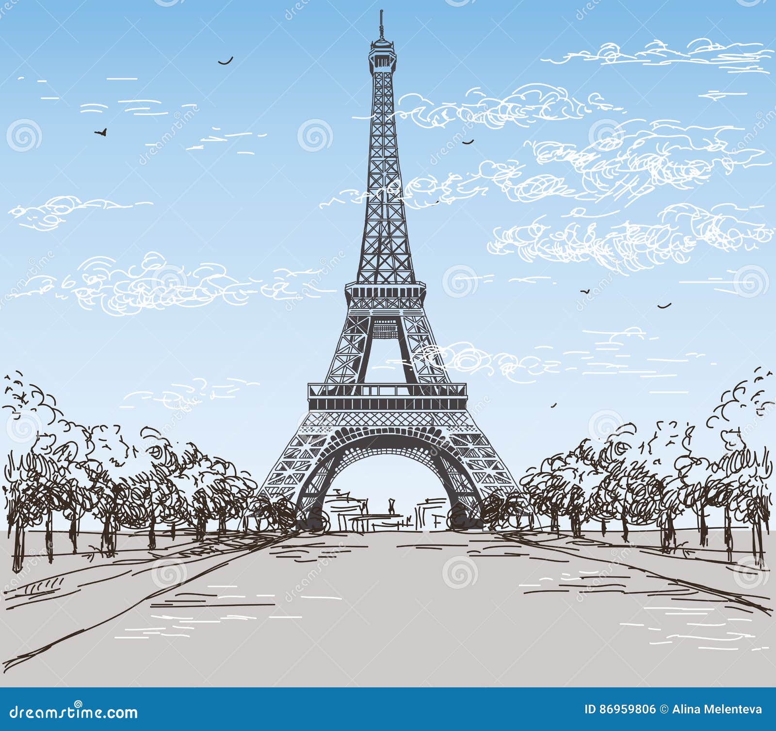 Landscape with Eiffel Tower in Black and White Colors on Blue Stock ...