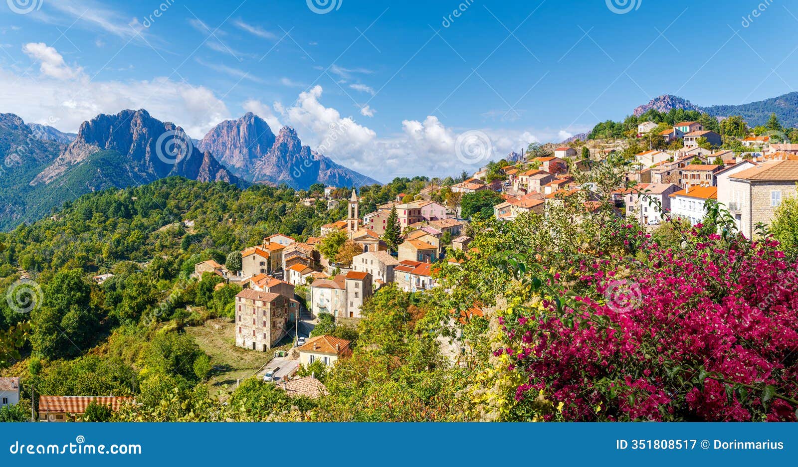 landscape with evisa, mountain village in corsica island, france