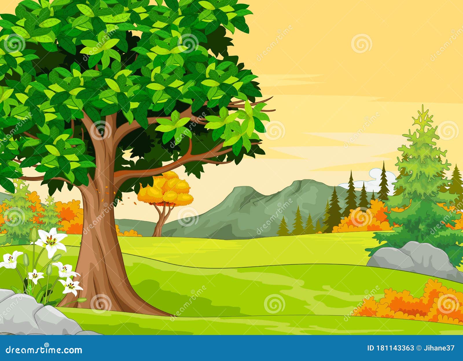 Landscape Grass Field View with Trees and White Flowers Cartoon Vector