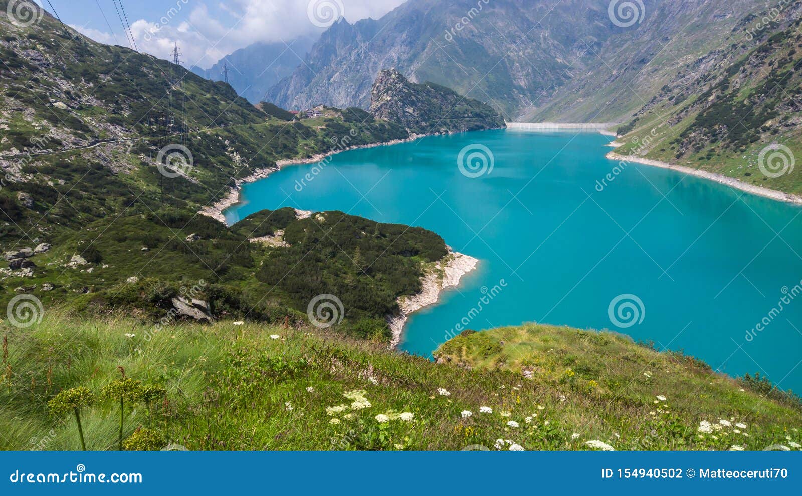 landscape of the lake barbellino an alpine artificial lake. turquoise water. italian alps. italy. orobie