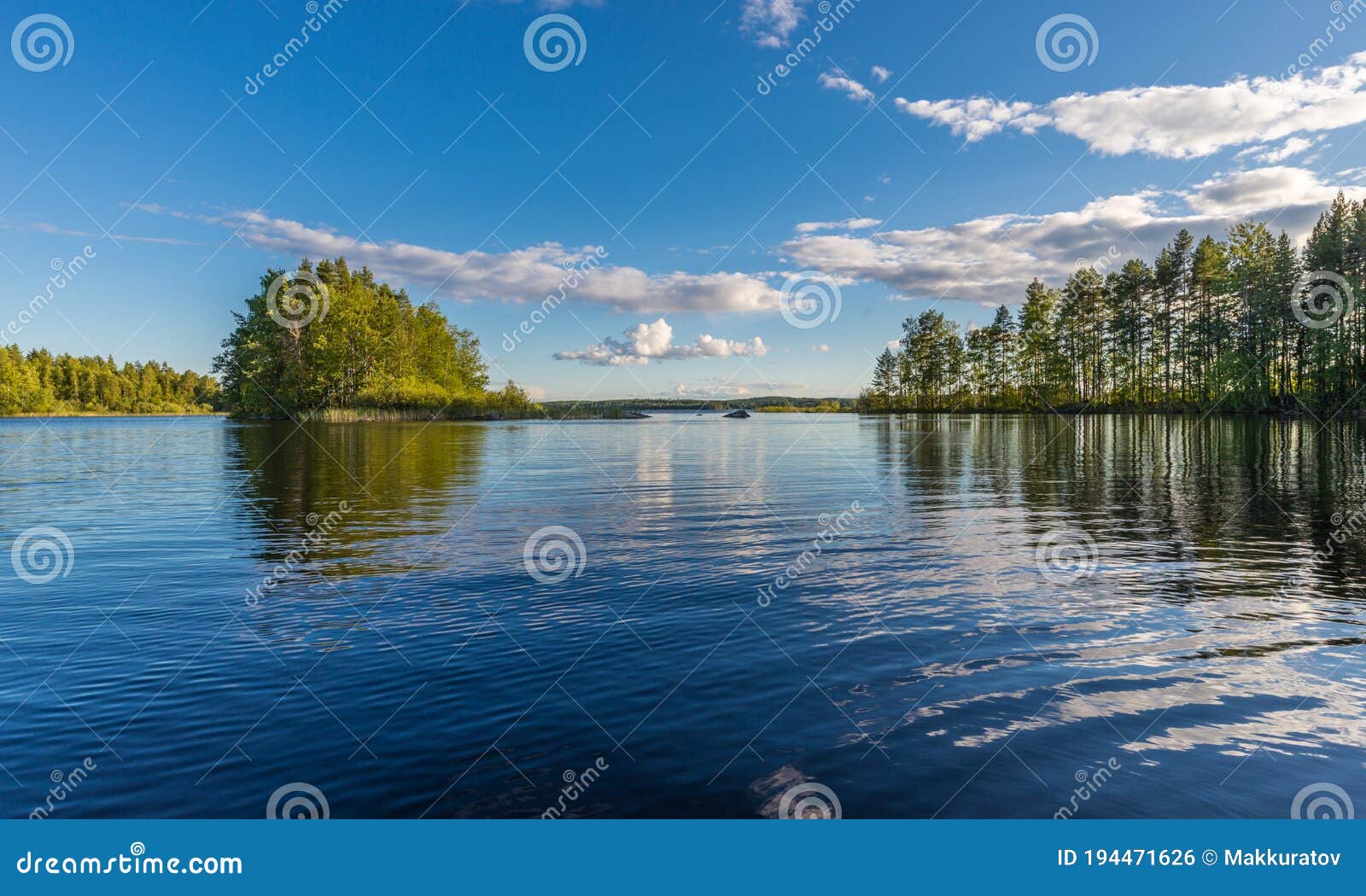 landscape lake with reflection, clouds