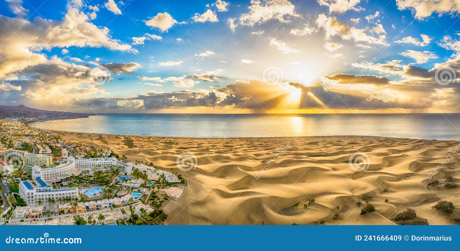 landscape with maspalomas sand dunes at sunrise, gran canaria