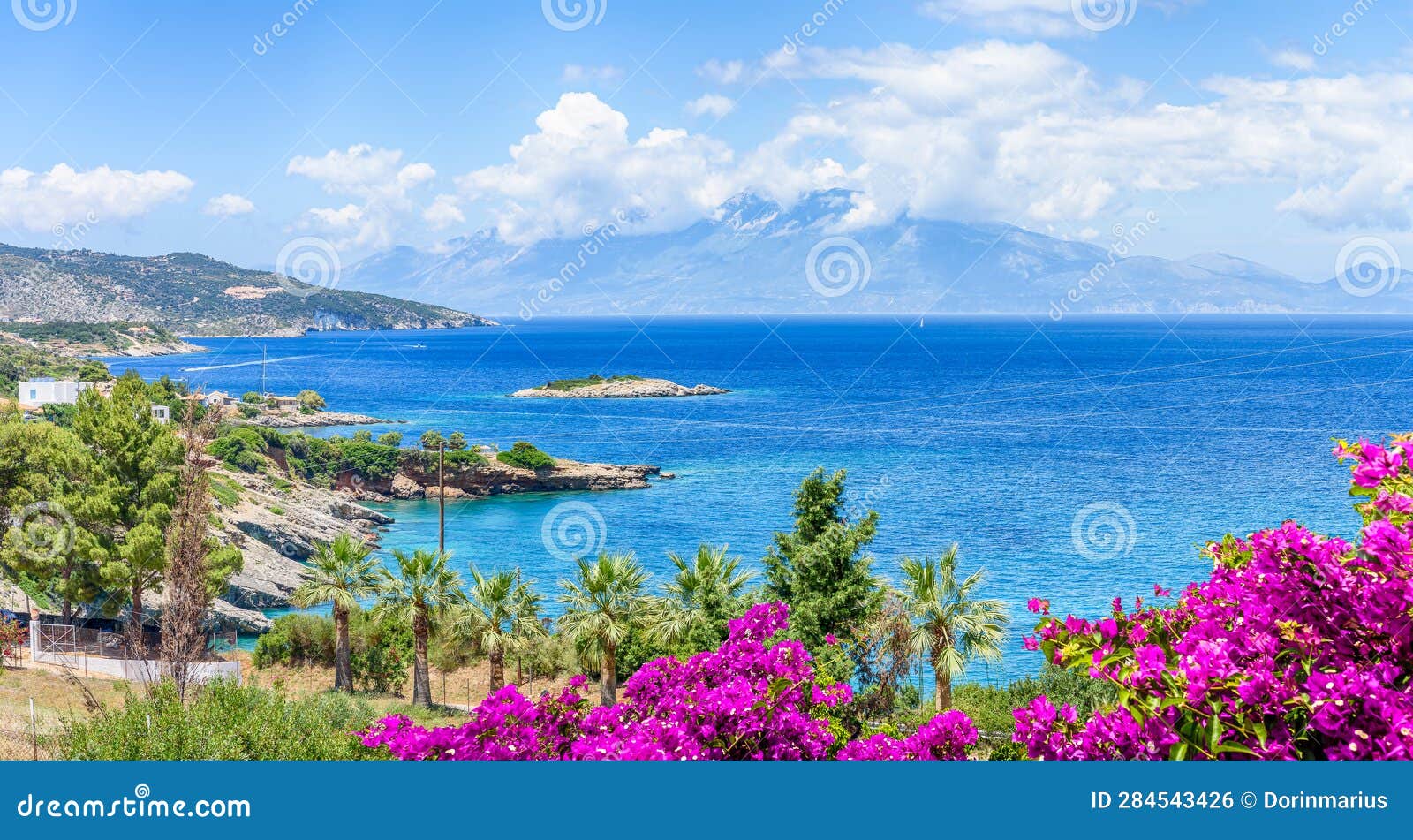 landscape with mikro nisi and makris gialos, zakynthos island, greece
