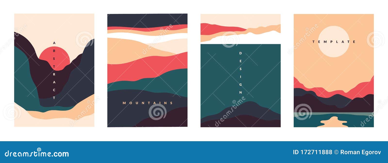 landscape minimal poster. abstract geometric banners with mountains lakes and waves.  travel and adventure flyers