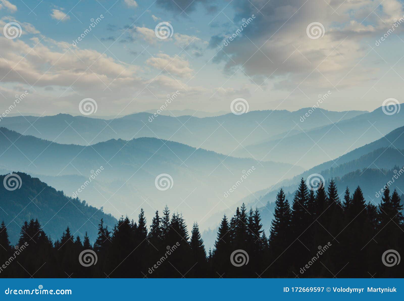 landscape of misty mountains. view of coniferous forest, layers of mountain and haze in the hills at distance. beautiful cloudy sk