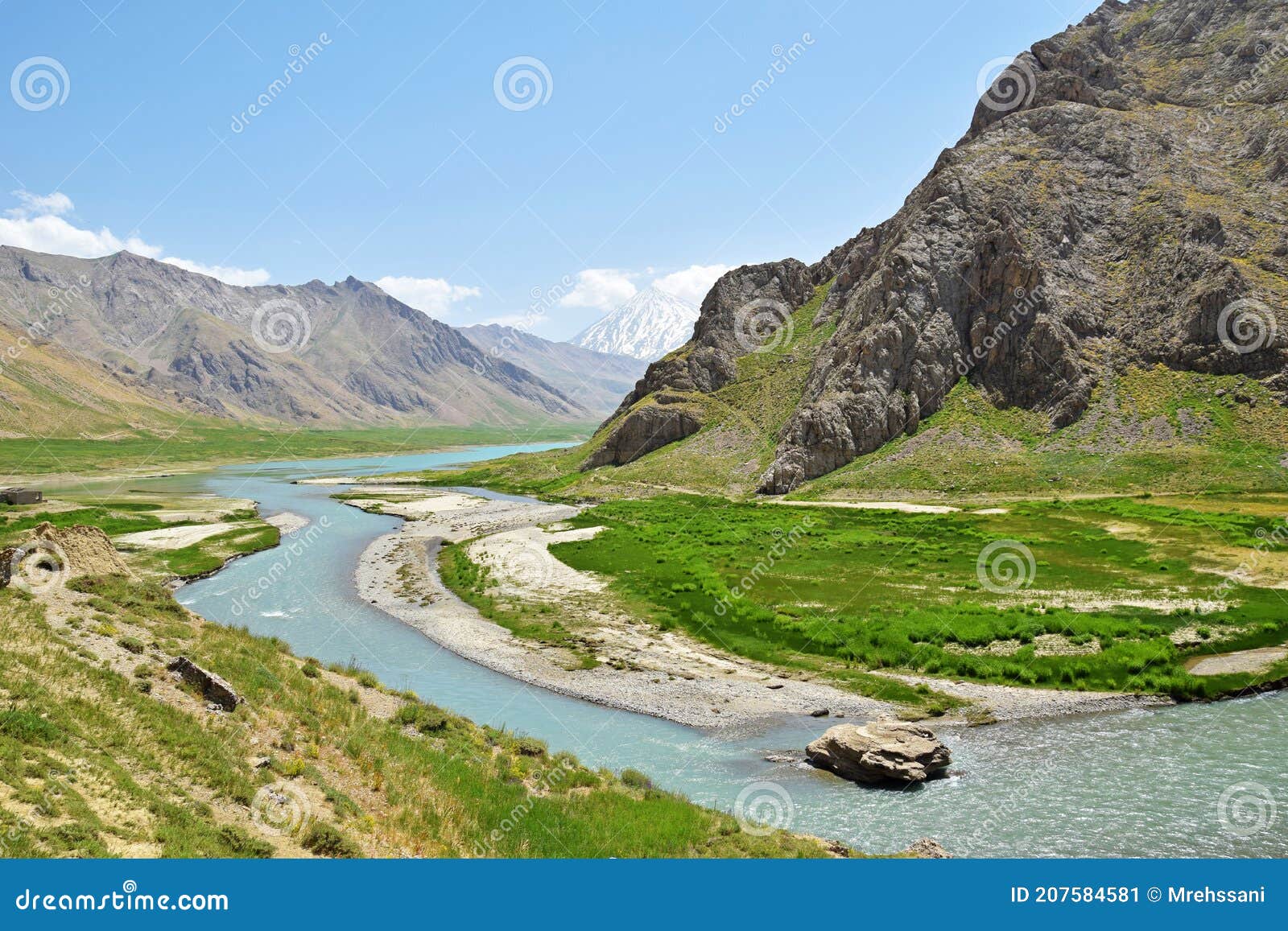 landscape of mount damavand and lar river , iran