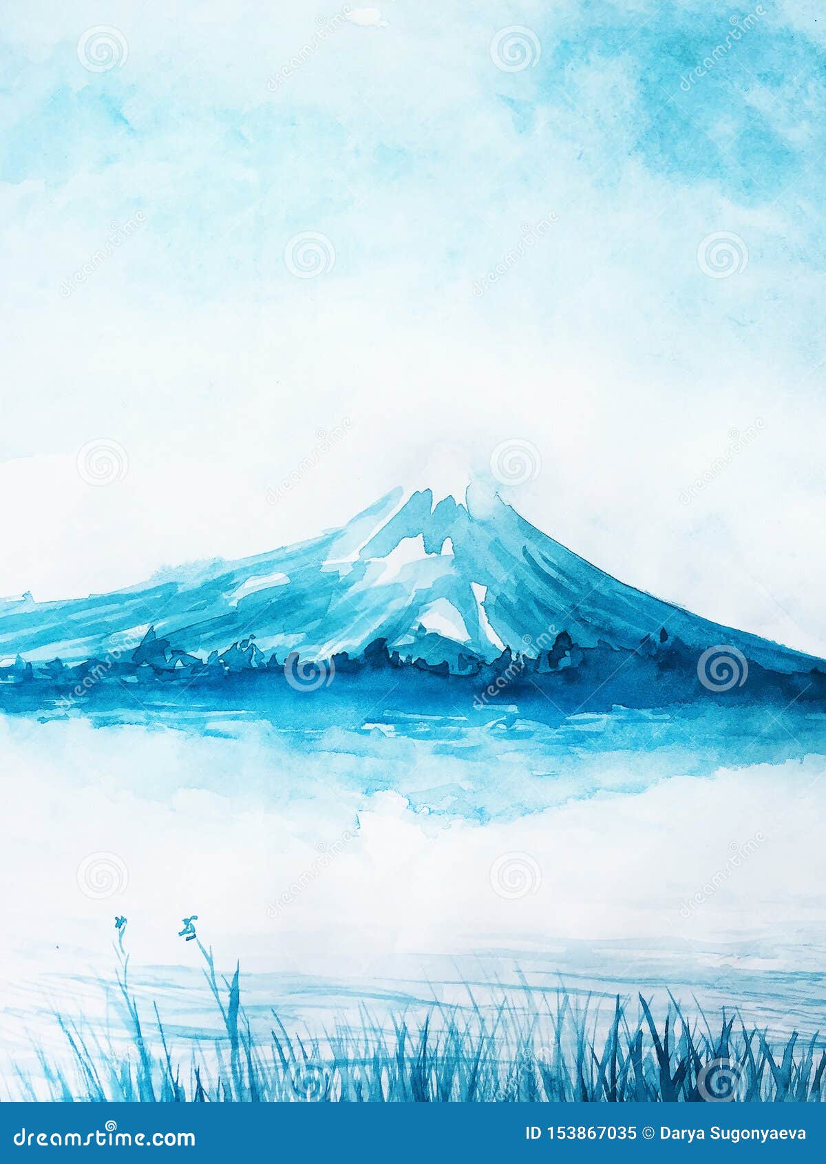 mountain fuji and lake in blue colors watercolor illlustration