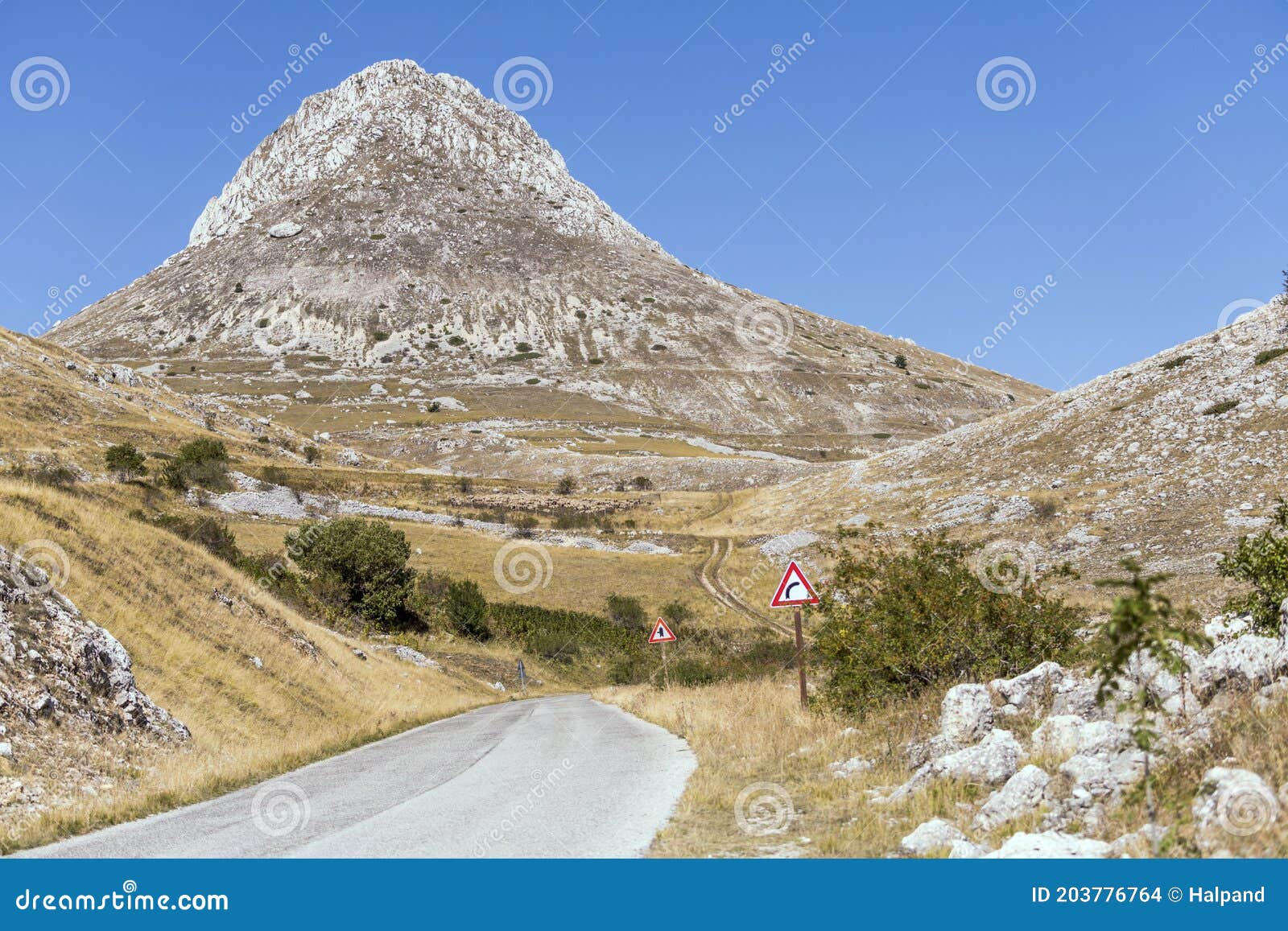 mountain road and camicia peak, near capo la serra pass, abruzzo, italy
