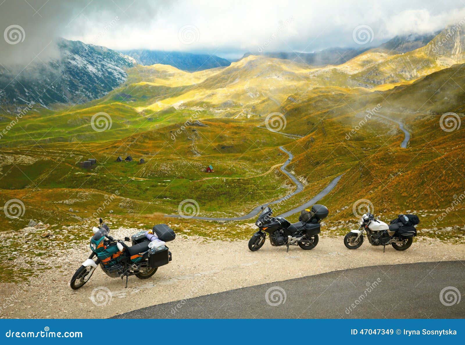 landscape with mountain road and three motorbikes