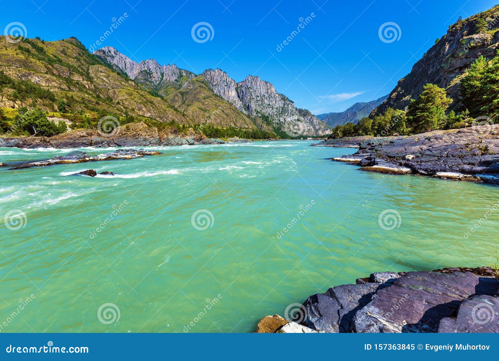 Landscape With Mountains And River Gorny Altai Siberia Russia Stock