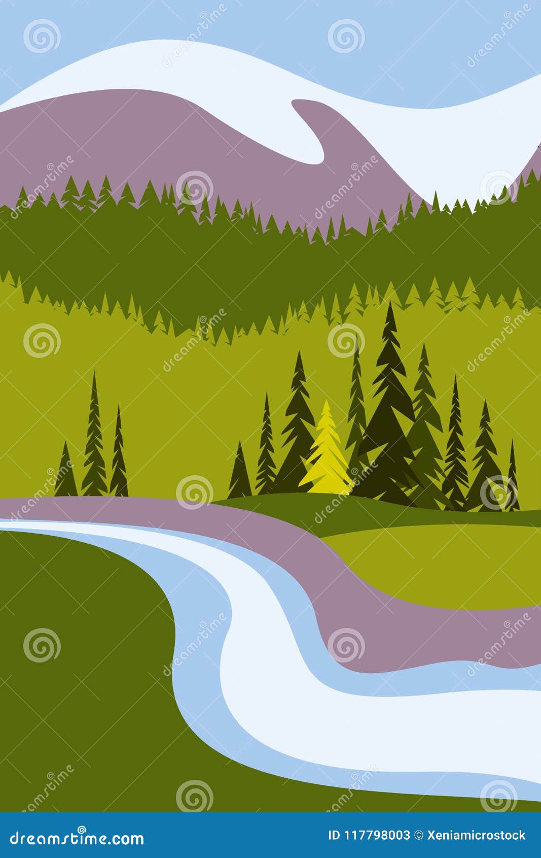 landscape with mountains and snowy peaks, a river and trees. poster for tourism with the natural environment, national parks, clea