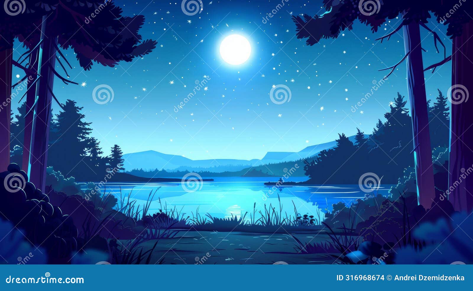 Landscape at Night with Forest Trees, Road, Lake, and Field Landscape at Night with Forest Trees, Road, Lake, and Field