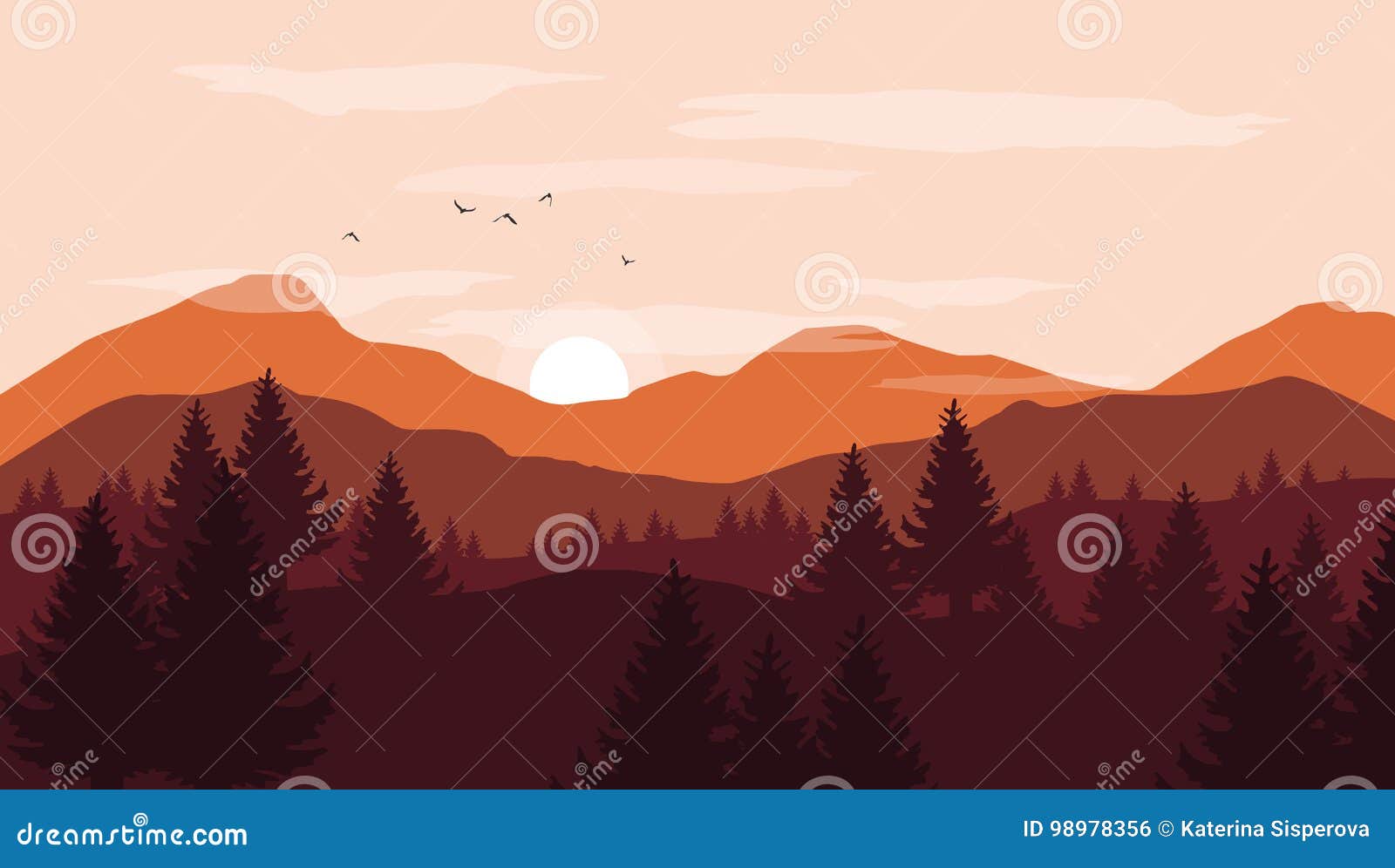 landscape with orange and red silhouettes of mountains and hills