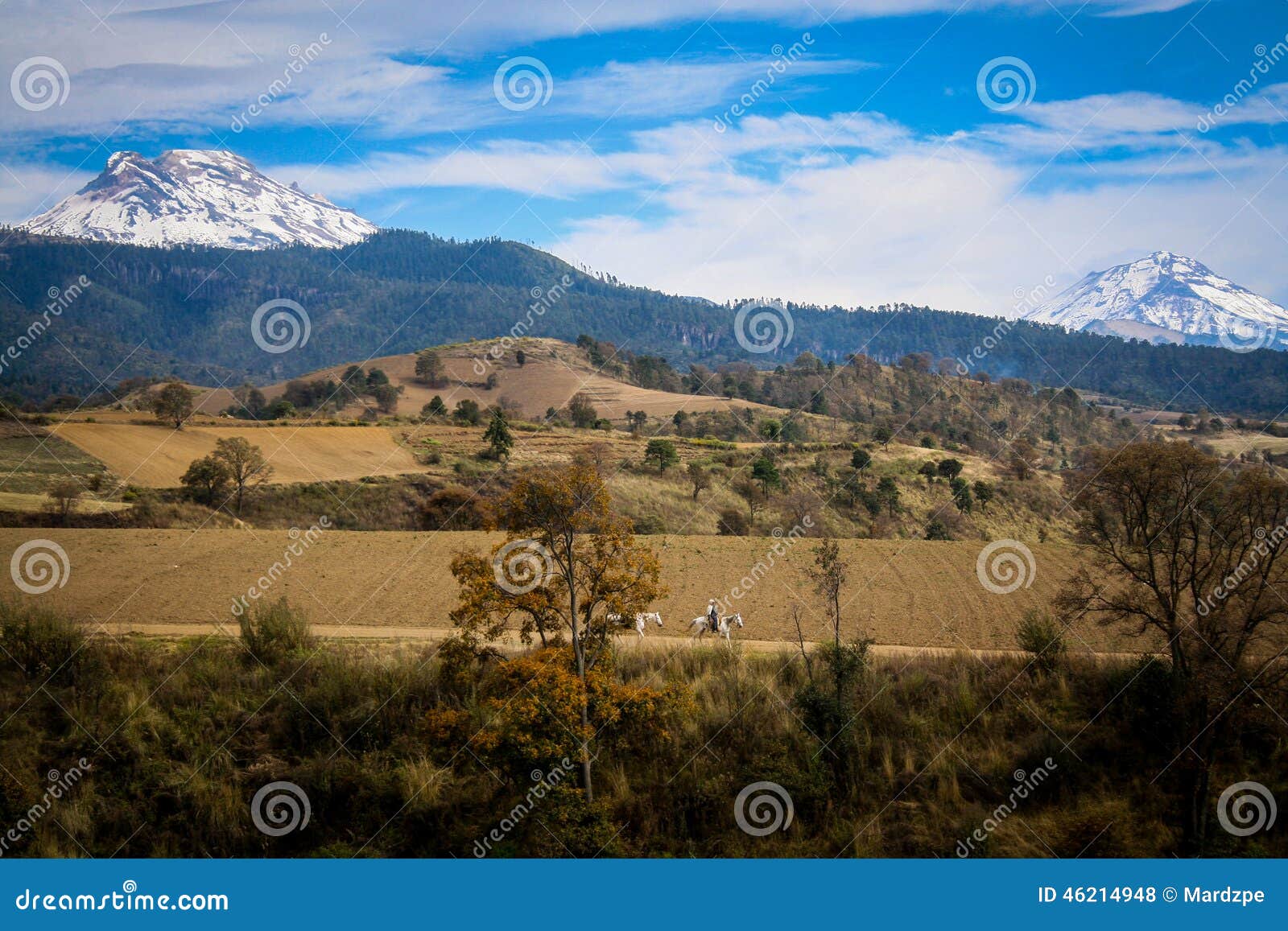 landscape photo of popocatepetl and iztaccihuatl volcanoes in ce