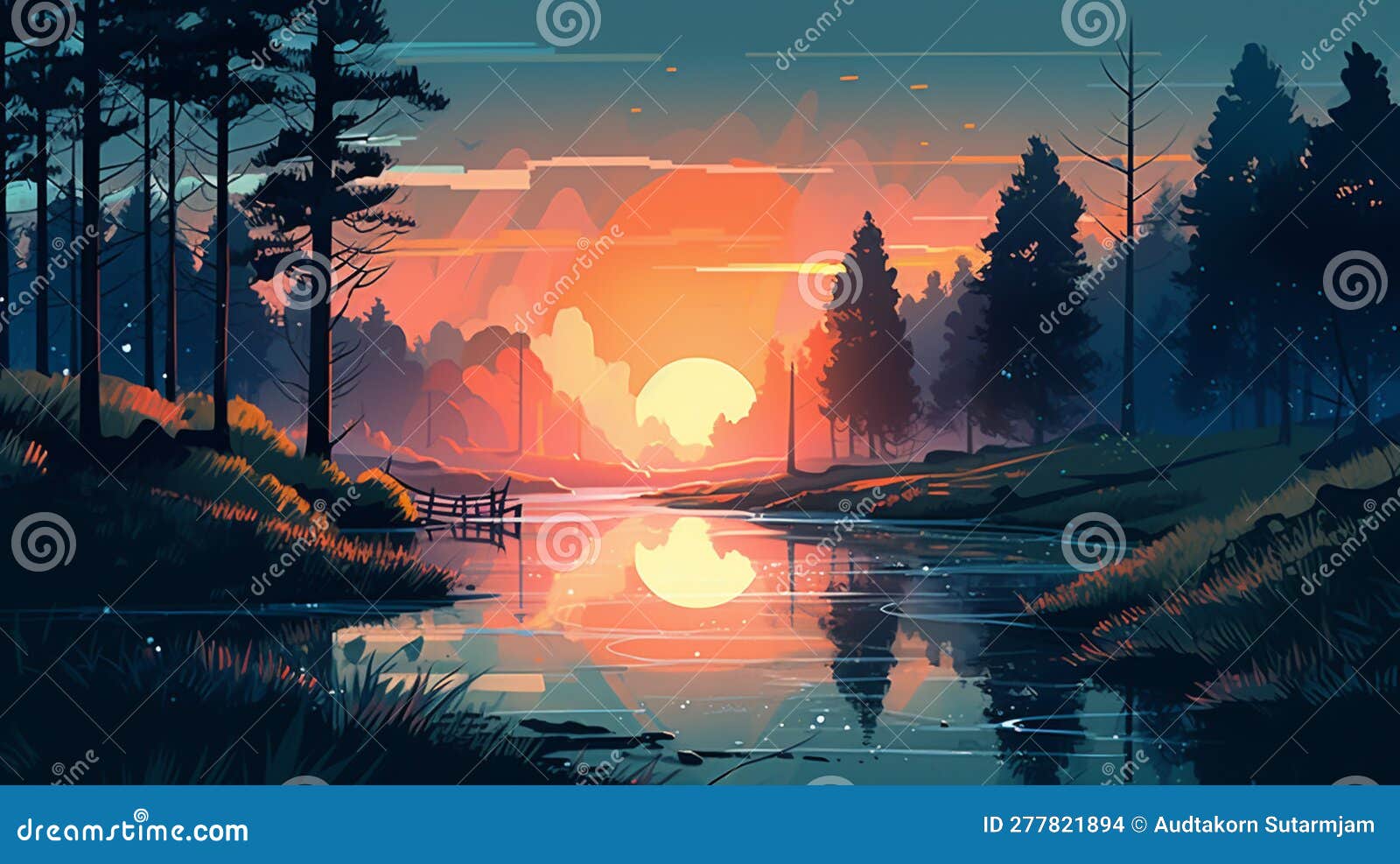 Landscape with Reflection of Pine Tree in a River Green Forest at