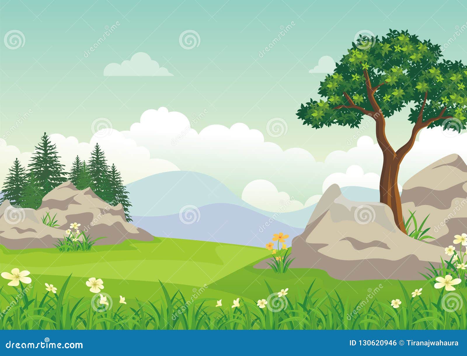 Landscape with Rocky Hill, Lovely and Cute Scenery Cartoon Design. Stock  Vector - Illustration of blue, backdrop: 130620946