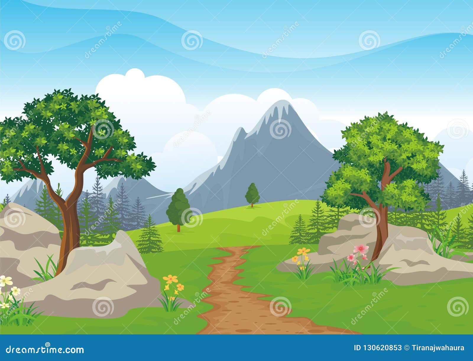 Landscape with Rocky Hill, Lovely and Cute Scenery Cartoon Design ...