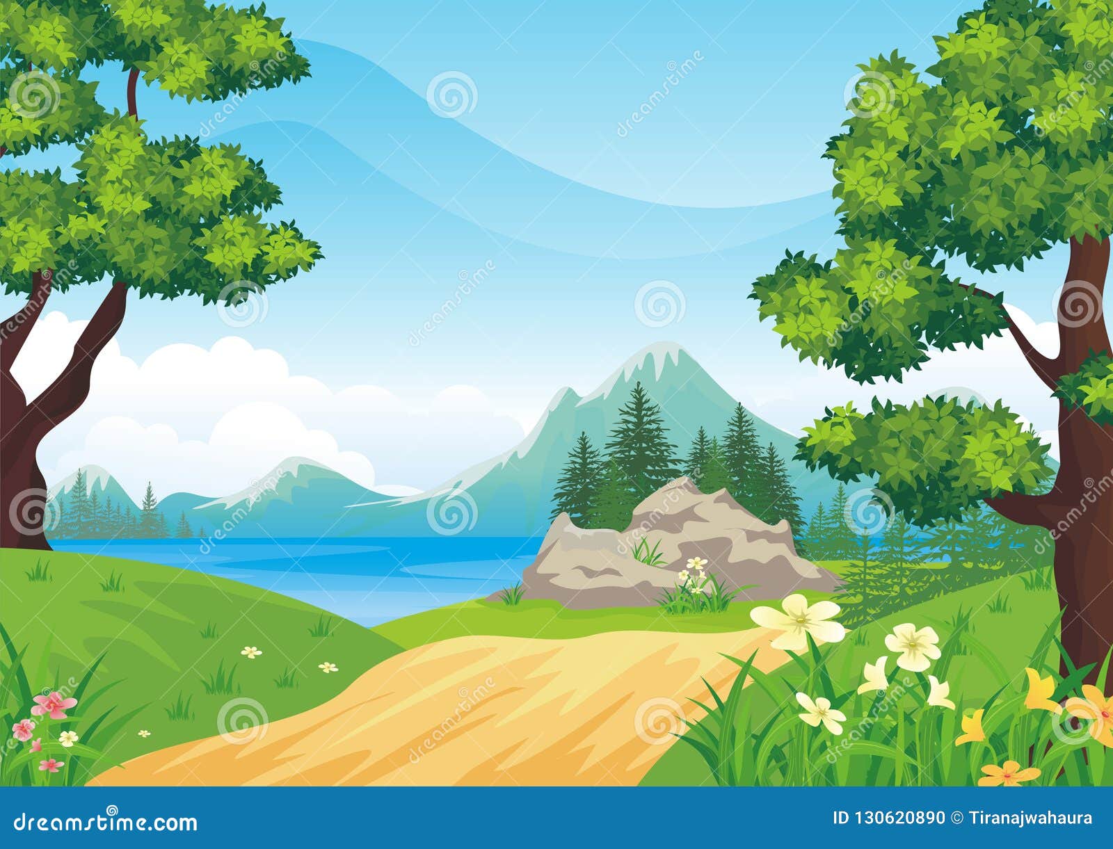 Landscape with Rocky Hill, Lovely and Cute Scenery Cartoon Design. Stock  Vector - Illustration of design, agriculture: 130620890