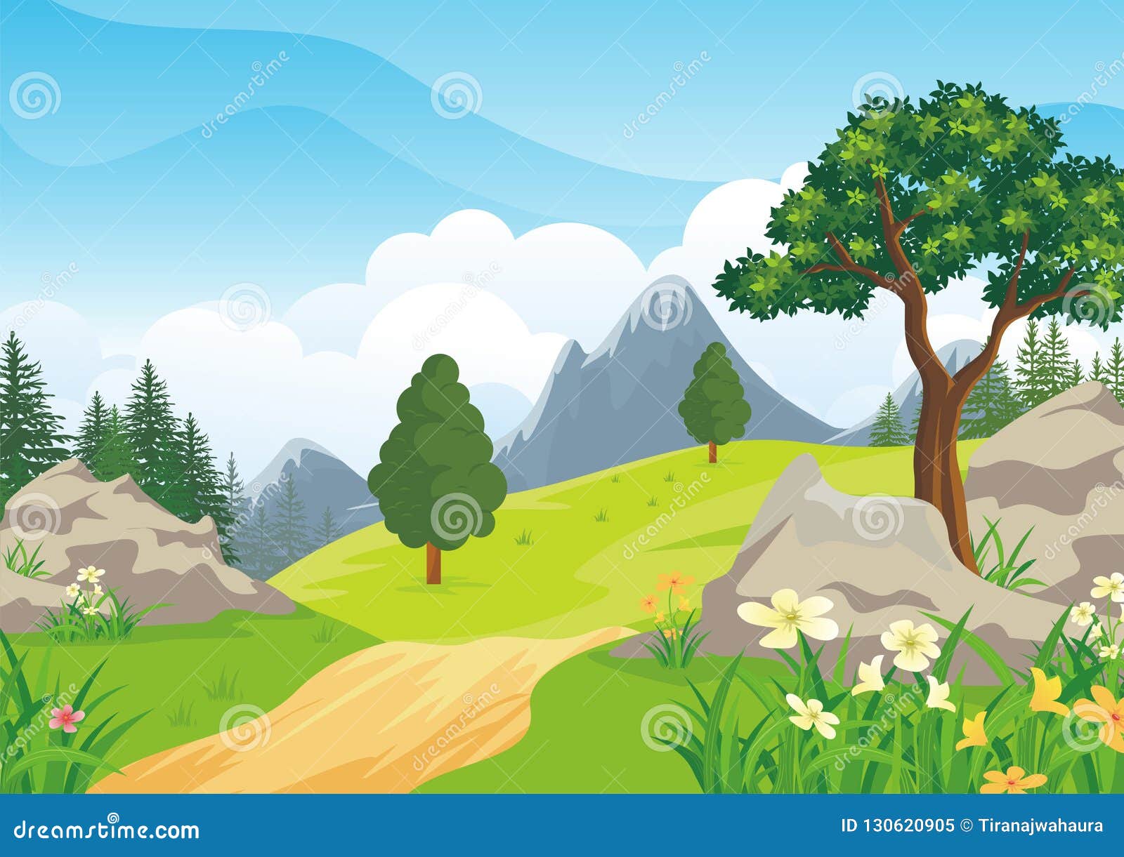 Landscape with Rocky Hill, Lovely and Cute Scenery Cartoon Design ...