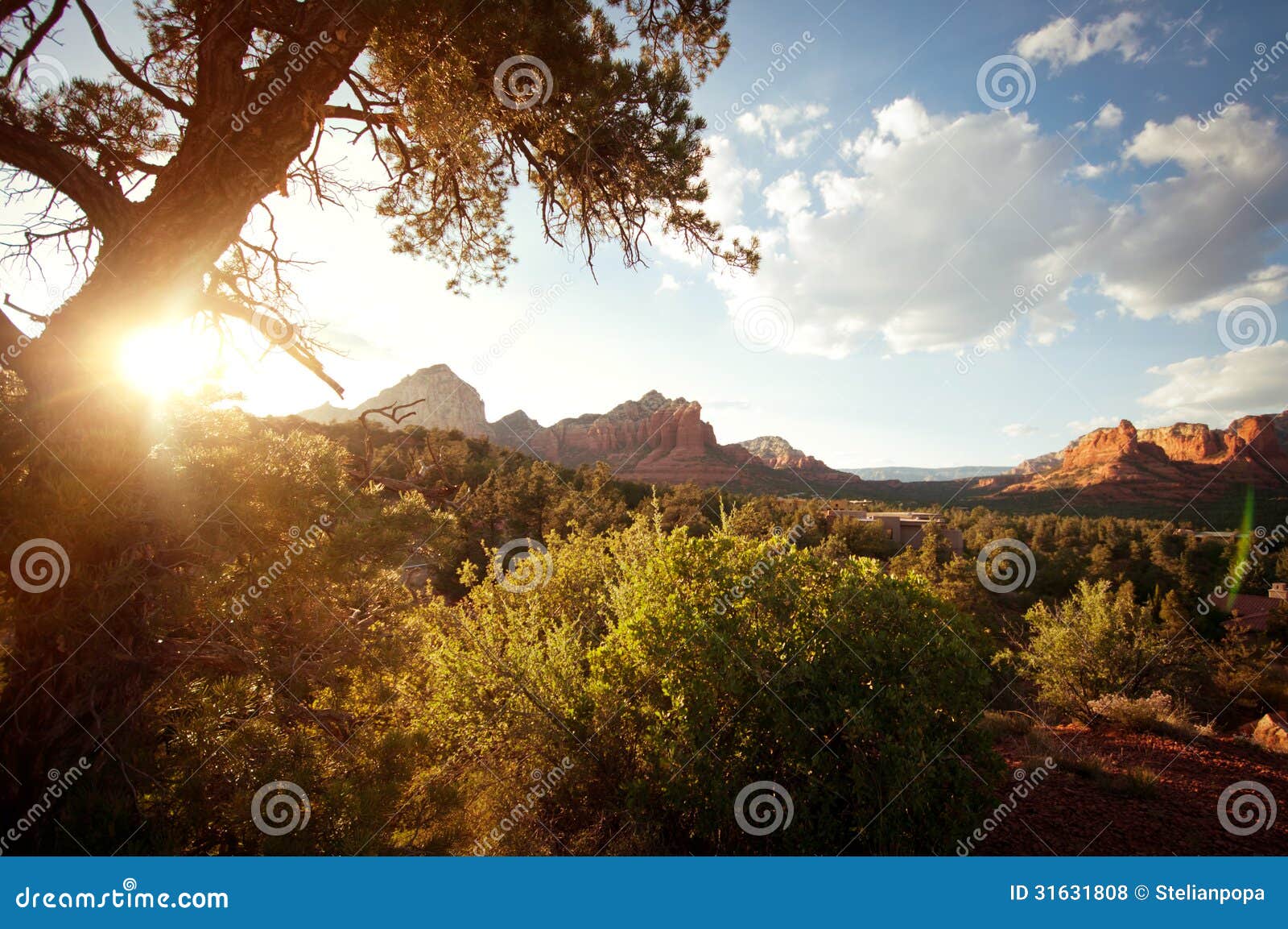 landscape scene of red rock mountains with sunlight