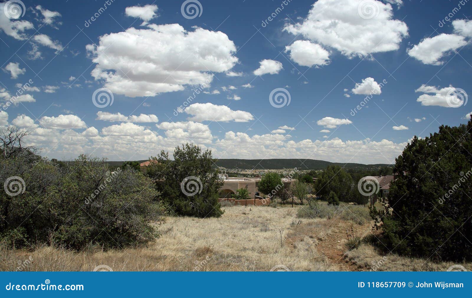 landscape with shrubs blue sky and cloud with a view of the high desert from tijeras