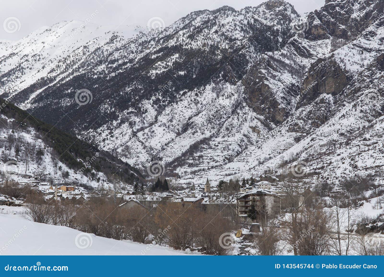 landscape of snowy town of espot in winter.