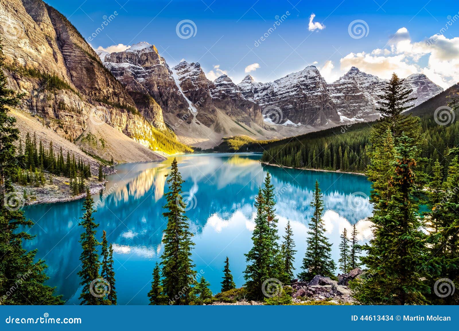 landscape sunset view of morain lake and mountain range