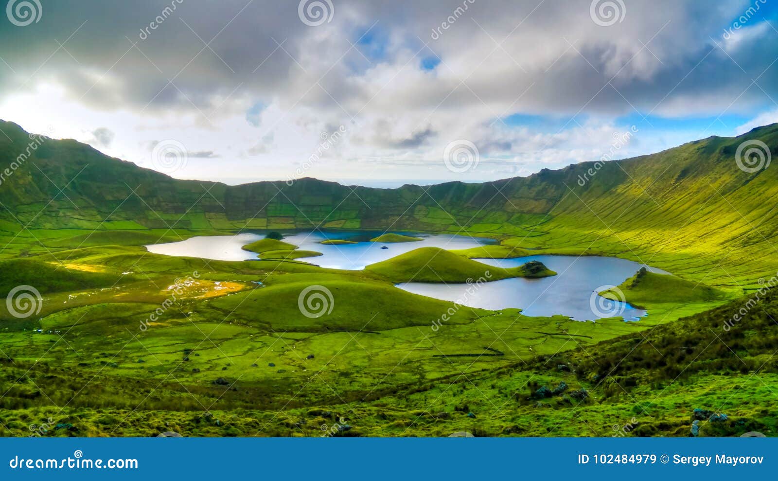 landscape sunset view to caldeirao crater, corvo island, azores, portugal