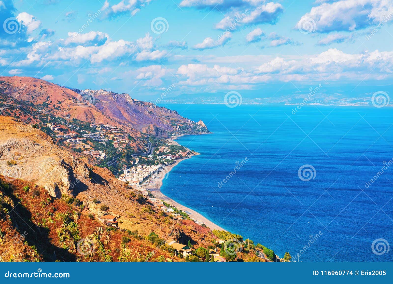 Landscape of Taormina and Mediterranean Sea Sicily Stock Photo Image