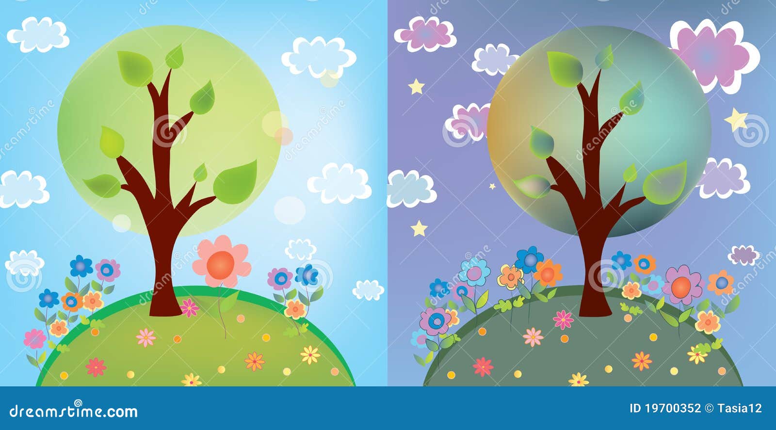 Landscape with Tree at Day and Night Stock Vector Illustration of