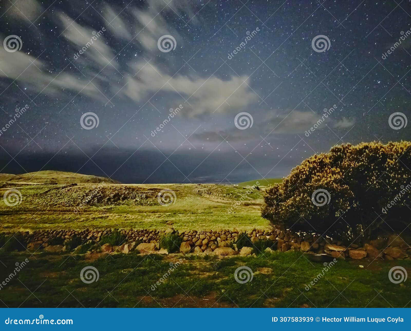 landscape under the moonlight with clouds and many stars