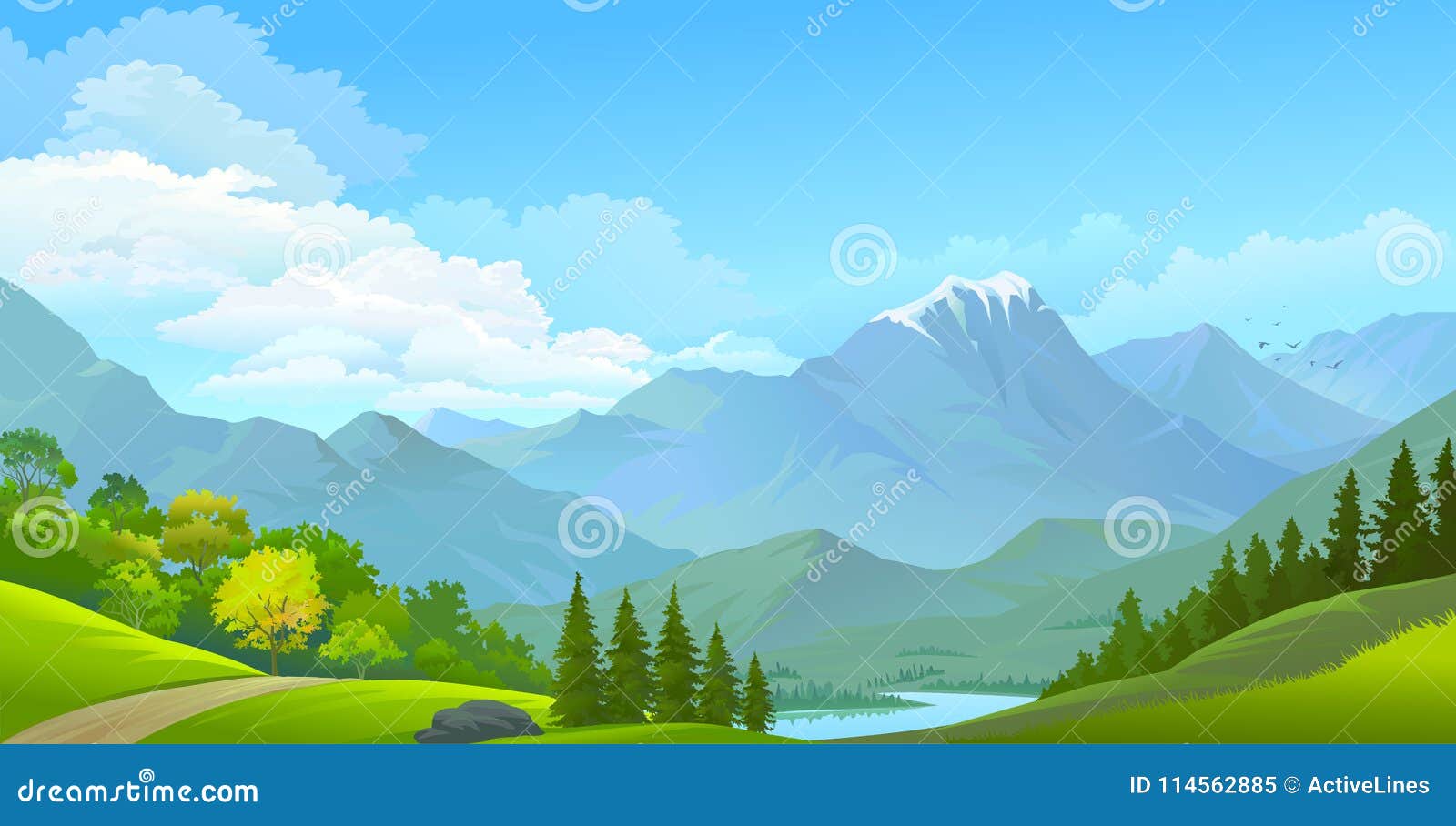 landscape view of snow covered mountains, green meadows and a river