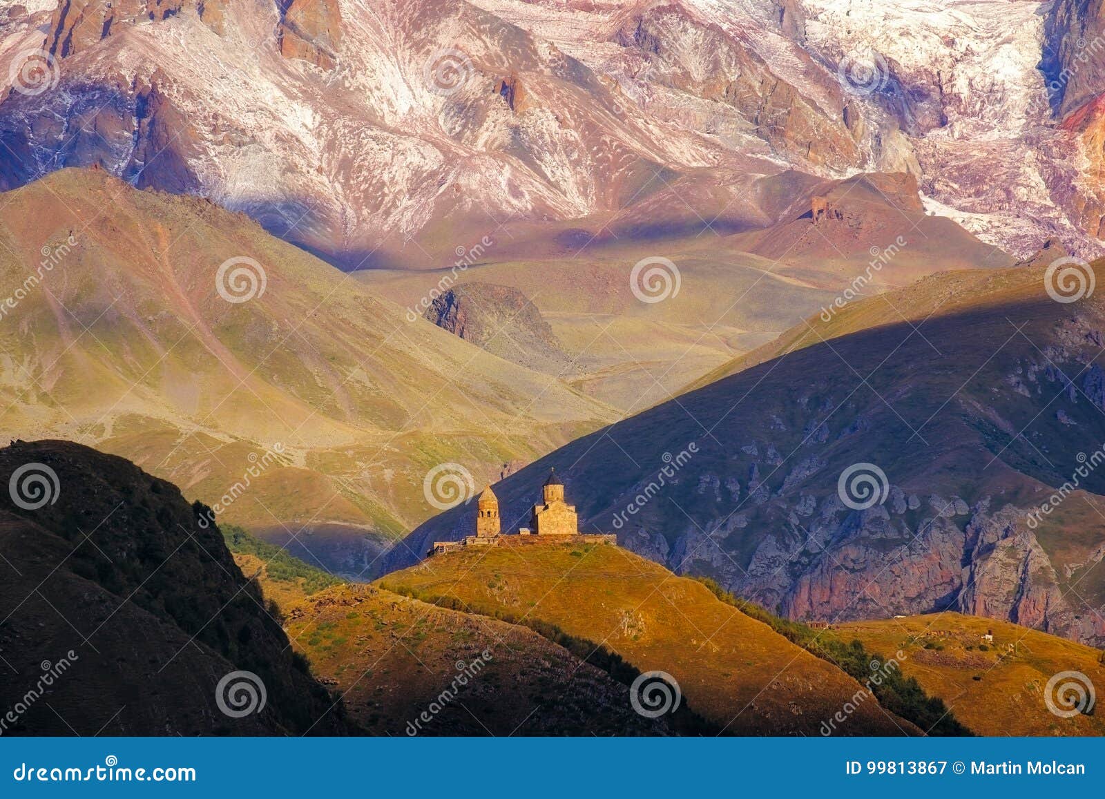 landscape view of tsminda sameba church in kazbegi, georgia