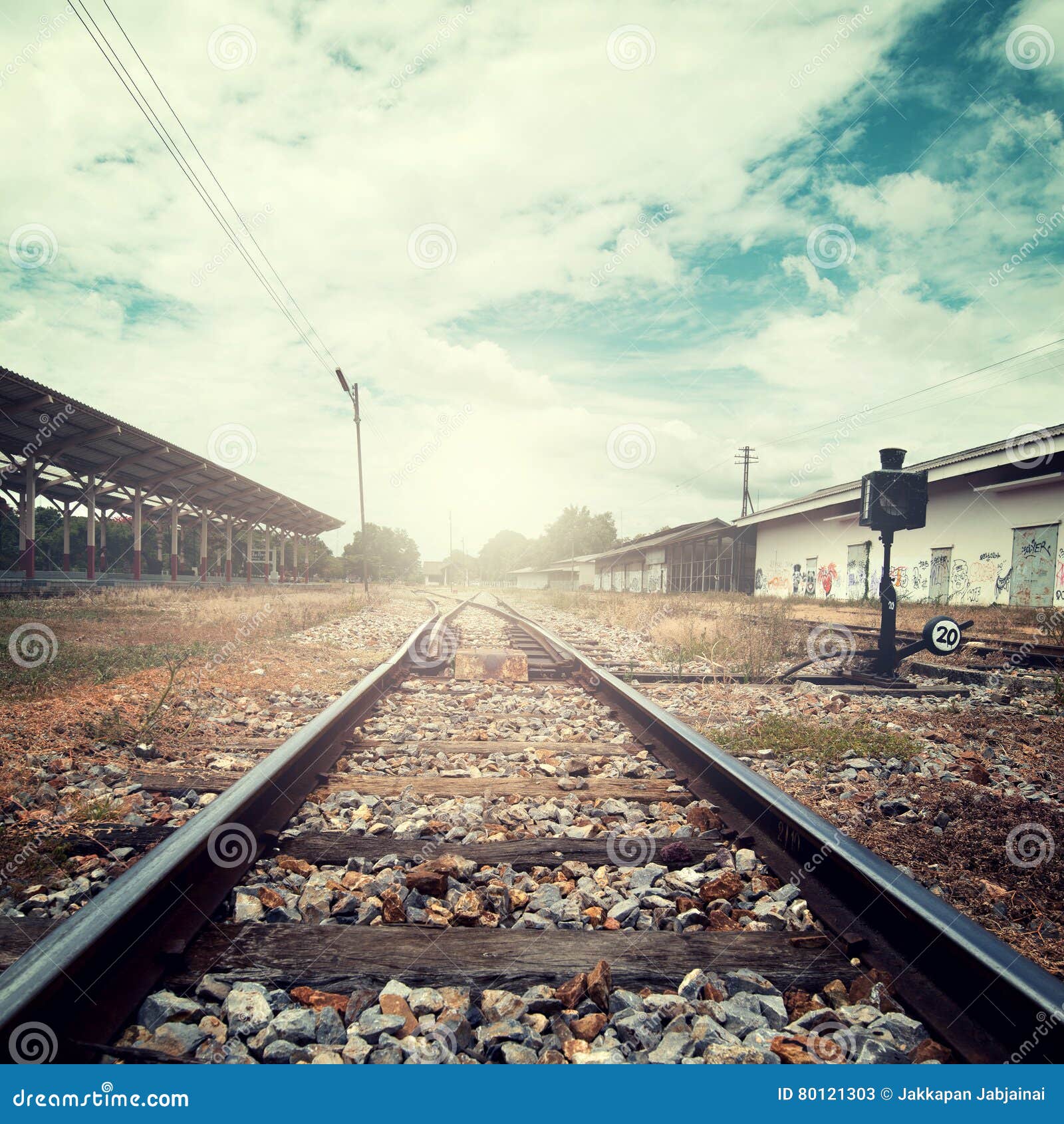 Landscape Vintage of Railroad Tracks at Train Station Stock Image