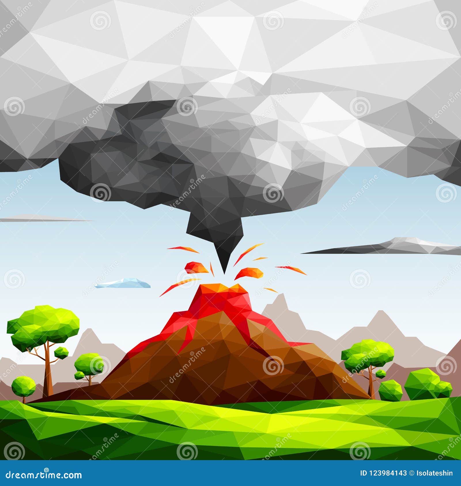 landscape of volcanic eruption with lava flowing and ash cloud in green fields among trees-natural disaster concept.