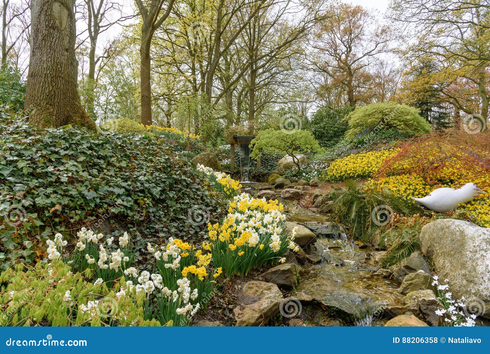 Landscape With A Water Creek In Dutch Spring Keukenhof Gardens In