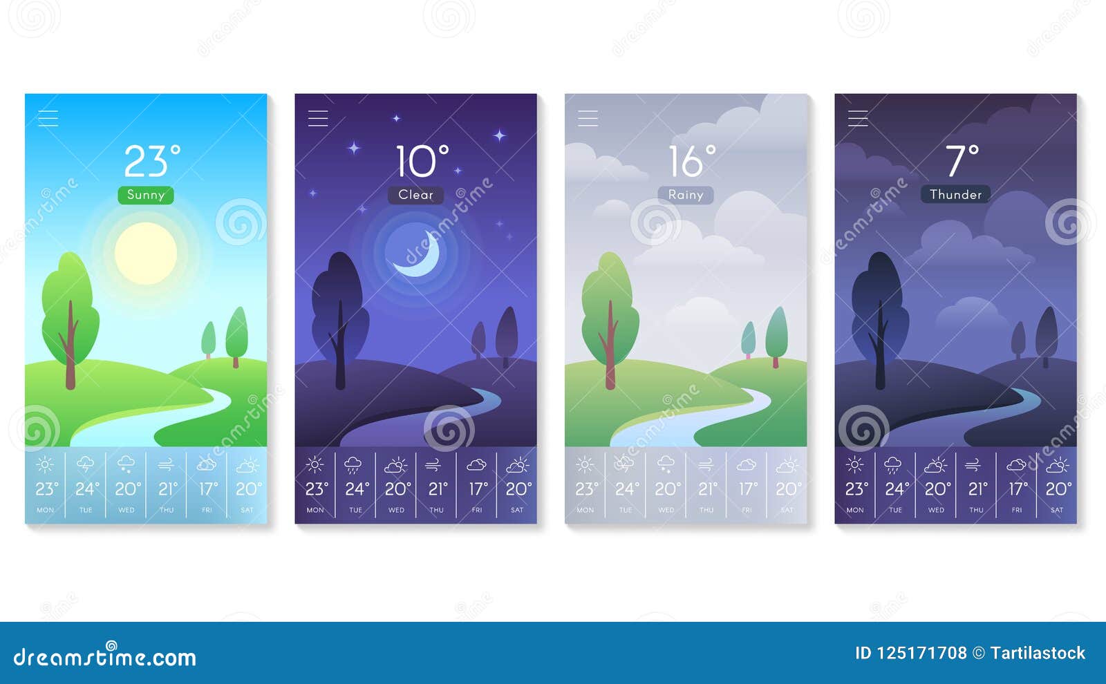 Landscape for Weather App. Beautiful Daytime Sky with Sun, Moon and Clouds.  Morning and Day Background for Mobile Screen Stock Vector - Illustration of  mountain, beautiful: 125171708