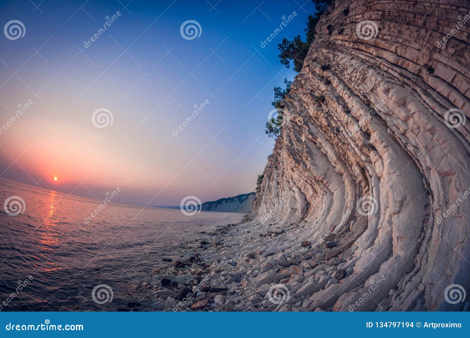 Download Landscape White Rocky Layered Seashore At Sunset, Fisheye Distortion Stock Photo - Image of ...