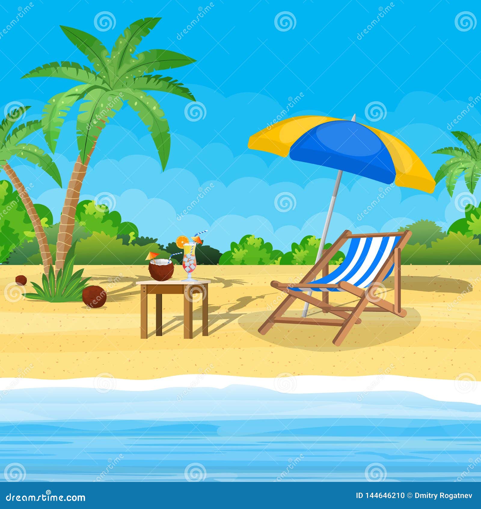 Landscape of Wooden Chaise Lounge, Stock Vector - Illustration of shore ...